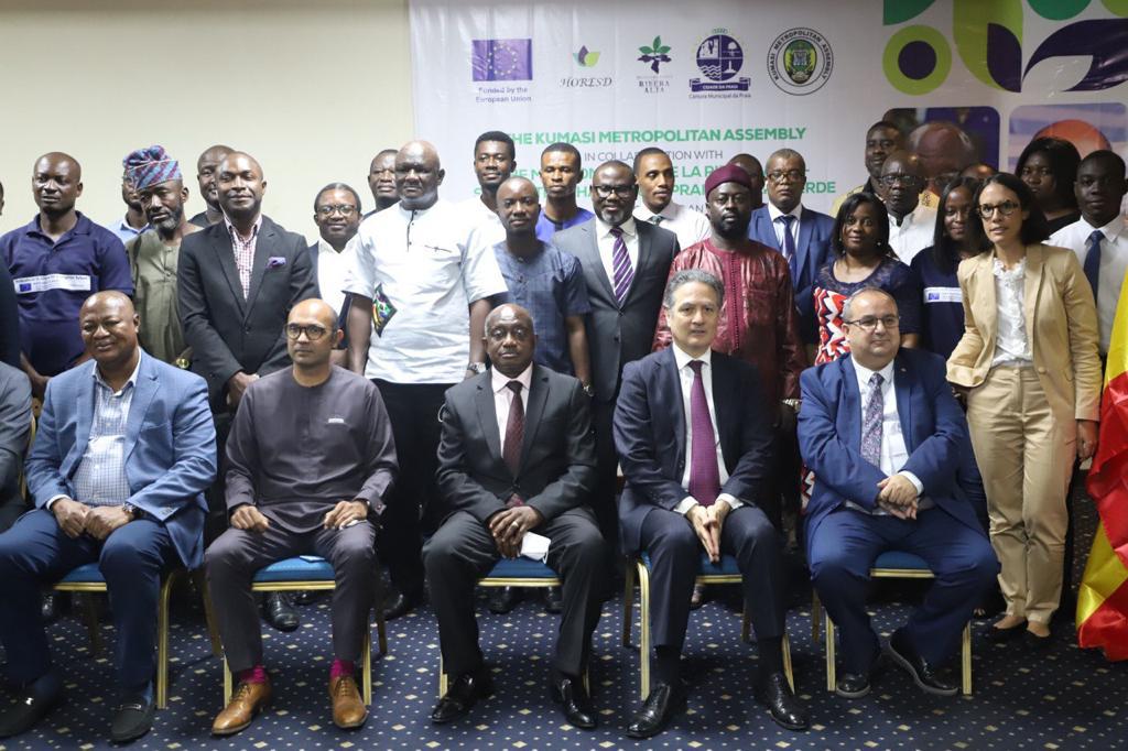 Mr Simon Osei Mensah(seated middle), Ashanti Regional Minister,  Mr Samuel Pyne(left), MCE of Kumasi, and some dignitaries in a group photograph, after the launch of the HORESD project in Kumasi. Those with them include  H.E. Irchad Razaaly(2nd left),  Ambassador and Head-European Union Delegation.